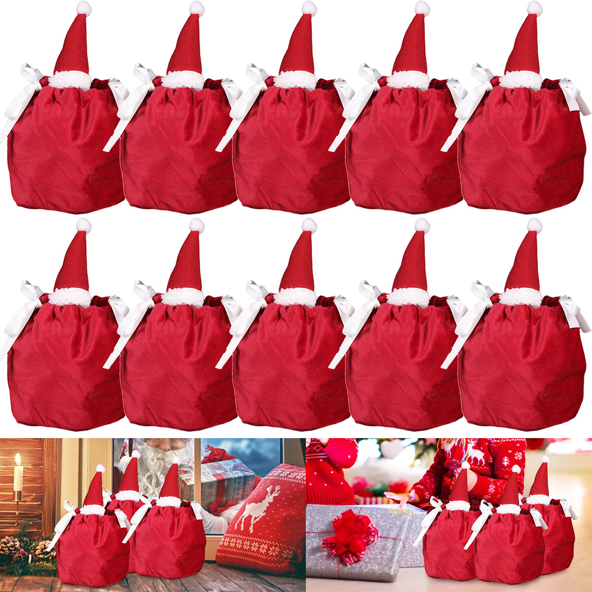 HKM-845971 Christmas Drawstring Gift Bags - 5 Pack 3D Santa Hat Velvet Candy Goodie Bags for Parties, Birthdays, Weddings
