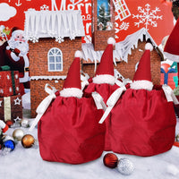 HKM-845971 Christmas Drawstring Gift Bags - 5 Pack 3D Santa Hat Velvet Candy Goodie Bags for Parties, Birthdays, Weddings