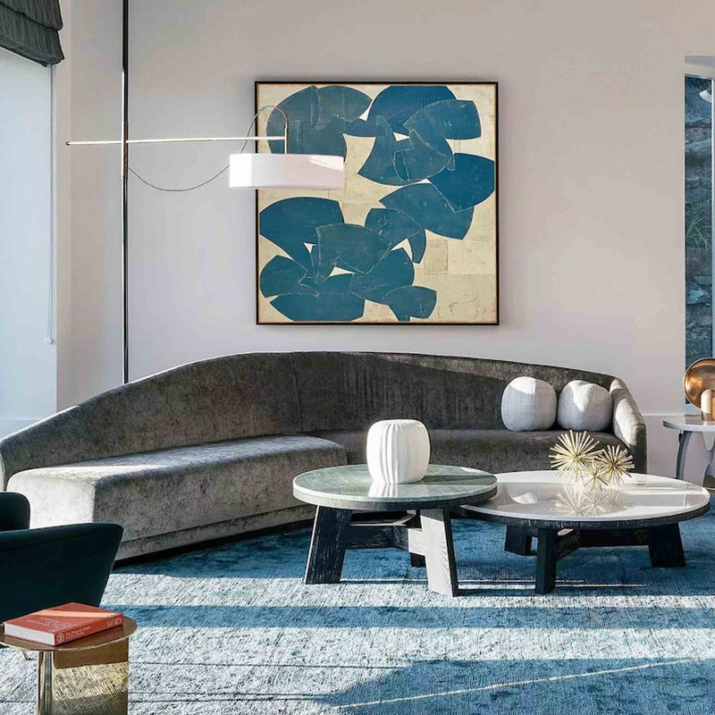 HKM-846099 Hand-Painted Abstract Blue Acrylic Canvas Art for Modern Living Room Decor