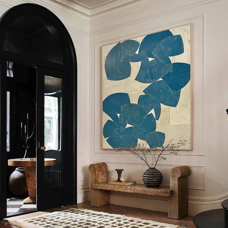 HKM-846099 Hand-Painted Abstract Blue Acrylic Canvas Art for Modern Living Room Decor