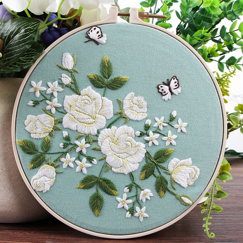 HKM-846163 Fresh Flower Embroidery Kit with Water-Soluble Precision Printing - Cotton Fine-Line Sail, 24cm x 24cm