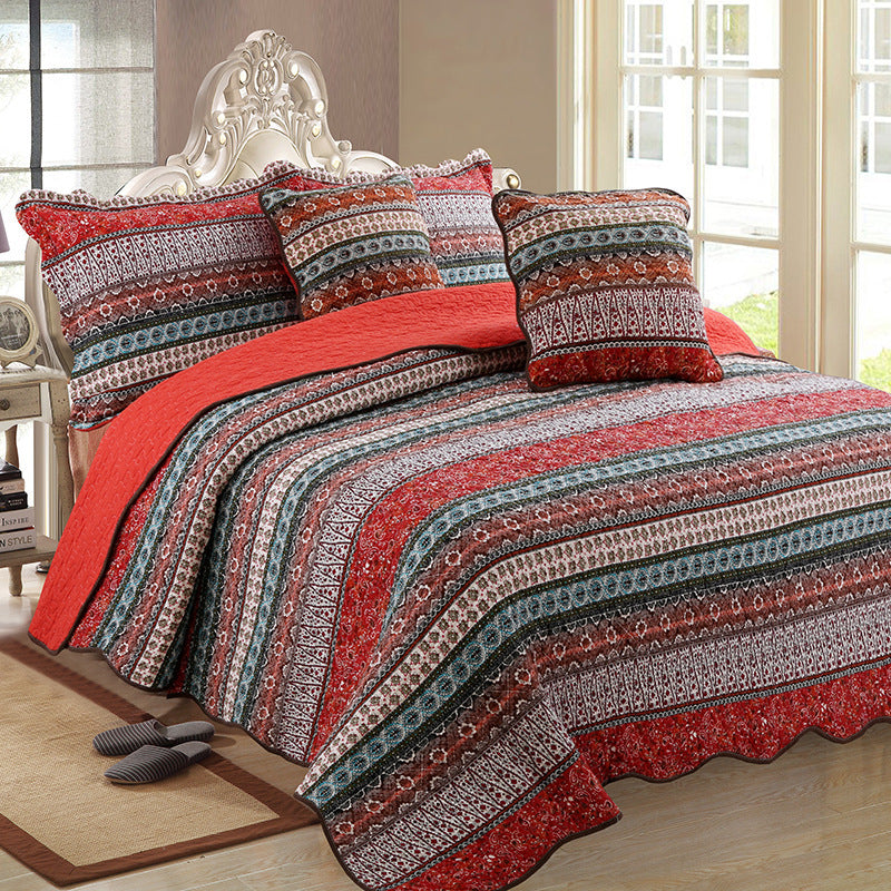 HKM-847123 Three-Piece Pastoral Floral Cotton and Linen Wash Quilt Set - 230x250CM with Pillowcases