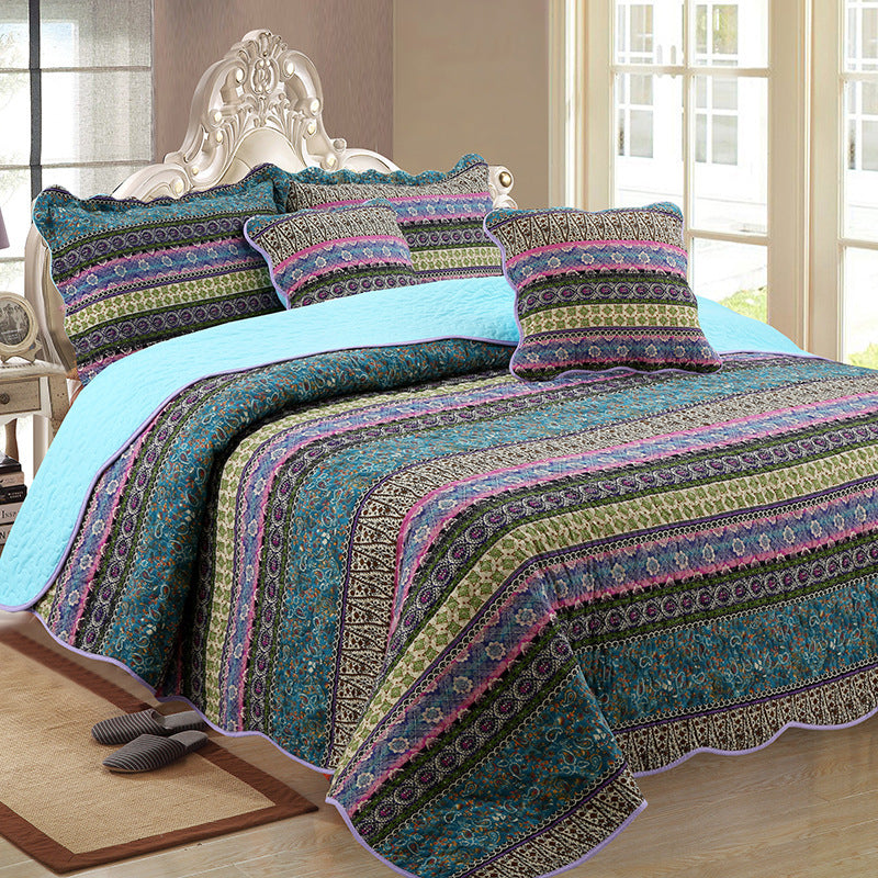 HKM-847123 Three-Piece Pastoral Floral Cotton and Linen Wash Quilt Set - 230x250CM with Pillowcases