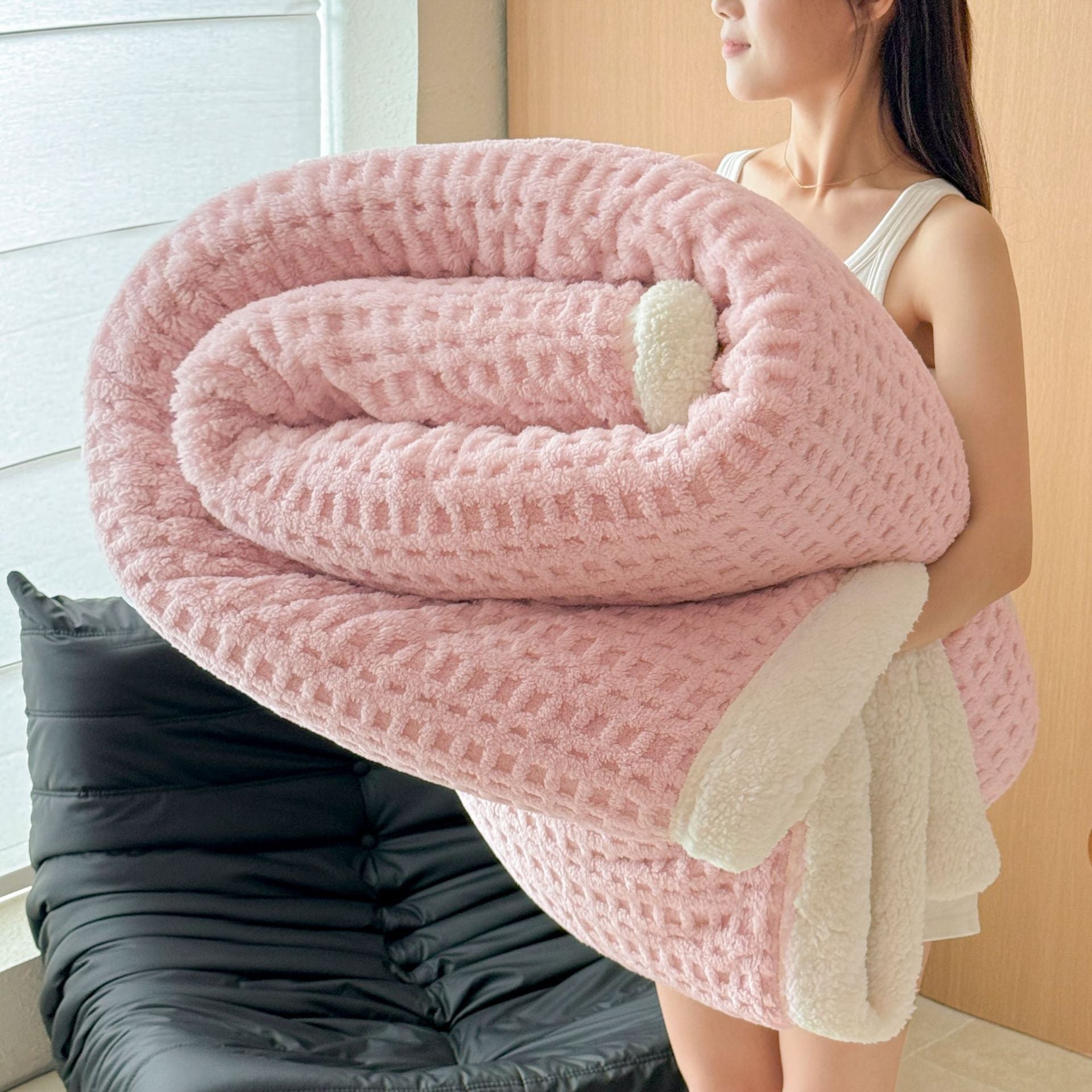 HKM-847315 Double-Sided Waffle Jacquard Thickened Office Nap Blanket for All Seasons