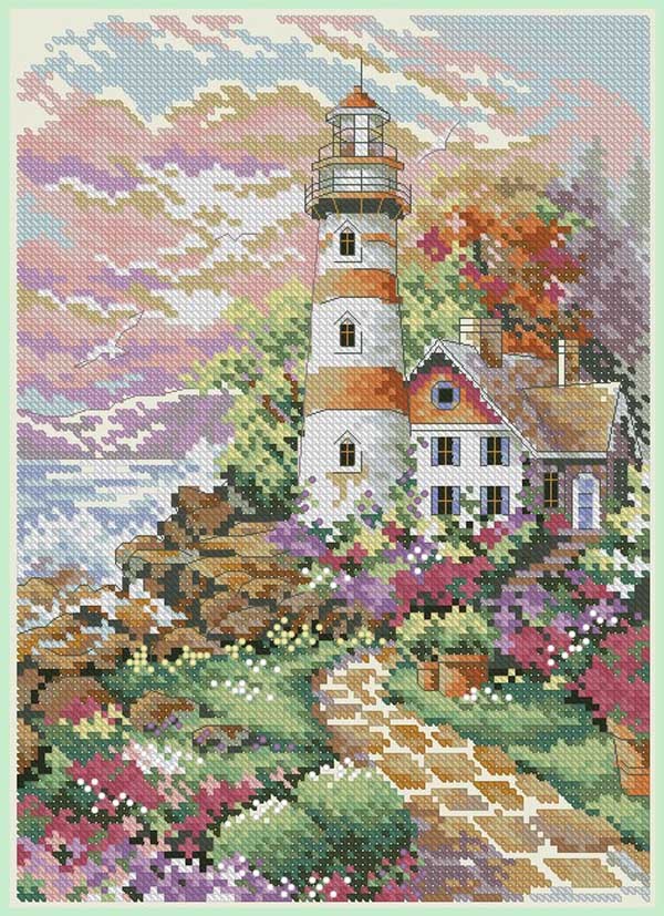 HKM-847315 Lighthouse Cross Stitch Kit with 30 Colors, Multiple Grids and Embroidery Techniques