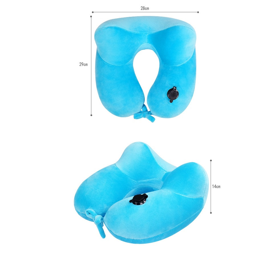 HKM-847443 U-Shaped Inflatable Neck Pillow in Sky Blue, Purple, Pink, and Gray - Flannel Material, 30x28x9cm