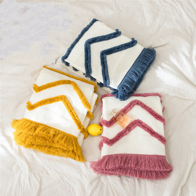 HKM-847635 Knitted Woolen Towel Blanket with Tassels for Home Decor in Nordic Style