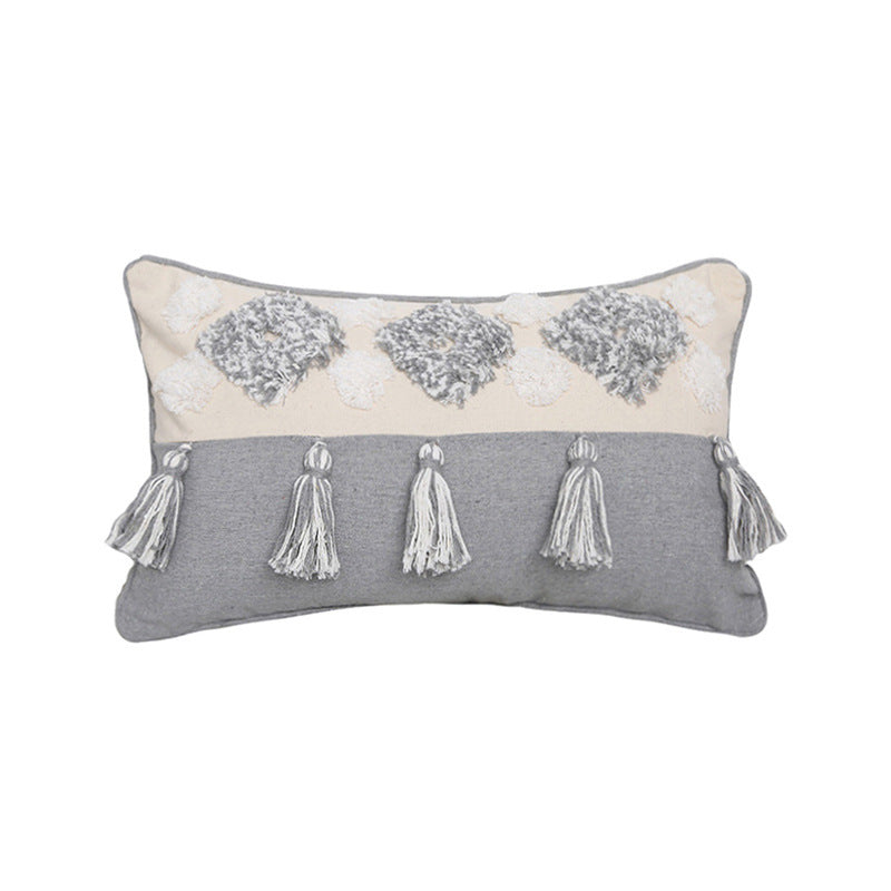 HKM-847699 Tufted Cotton and Linen Decorative Lumbar Pillow with Stripes and Tassels for Living Room