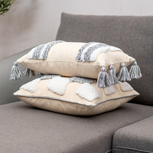 HKM-847699 Tufted Cotton and Linen Decorative Lumbar Pillow with Stripes and Tassels for Living Room
