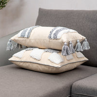 HKM-847699 Tufted Cotton and Linen Decorative Lumbar Pillow with Stripes and Tassels for Living Room