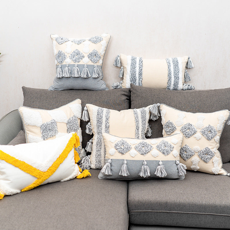 HKM-847699 Tufted Cotton and Linen Decorative Lumbar Pillow with Stripes and Tassels for Living Room