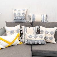 HKM-847699 Tufted Cotton and Linen Decorative Lumbar Pillow with Stripes and Tassels for Living Room