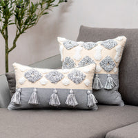 HKM-847699 Tufted Cotton and Linen Decorative Lumbar Pillow with Stripes and Tassels for Living Room