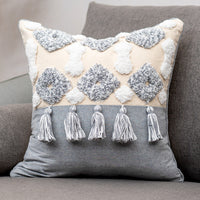 HKM-847699 Tufted Cotton and Linen Decorative Lumbar Pillow with Stripes and Tassels for Living Room