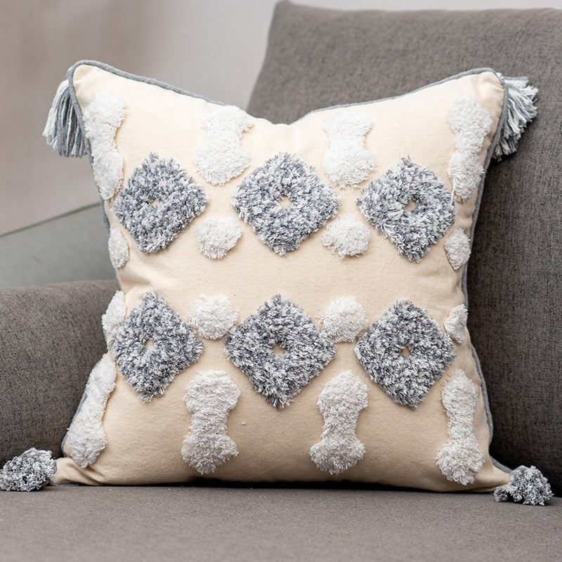 HKM-847699 Tufted Cotton and Linen Decorative Lumbar Pillow with Stripes and Tassels for Living Room