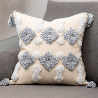HKM-847699 Tufted Cotton and Linen Decorative Lumbar Pillow with Stripes and Tassels for Living Room