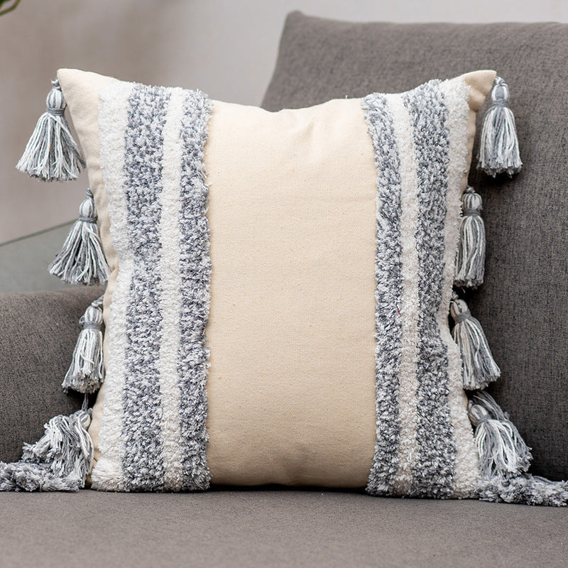 HKM-847699 Tufted Cotton and Linen Decorative Lumbar Pillow with Stripes and Tassels for Living Room