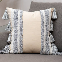 HKM-847699 Tufted Cotton and Linen Decorative Lumbar Pillow with Stripes and Tassels for Living Room