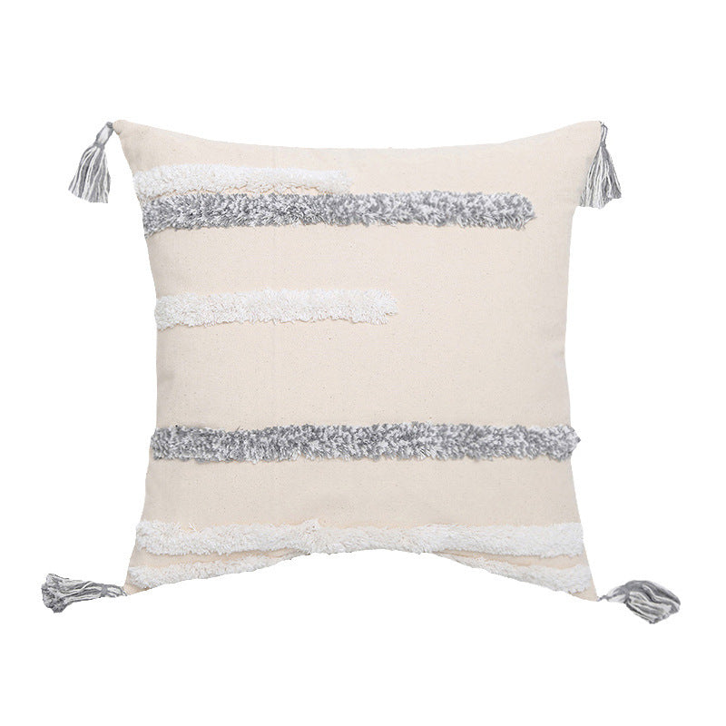 HKM-847699 Tufted Cotton and Linen Decorative Lumbar Pillow with Stripes and Tassels for Living Room