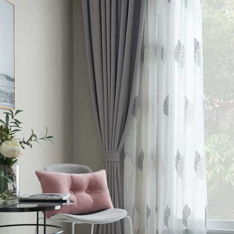 HKM-848019 Double Color Tree Shadow Embroidered Curtain with 4 Rows of Flowers in Gray White, Polyester Material, 280cm Wide