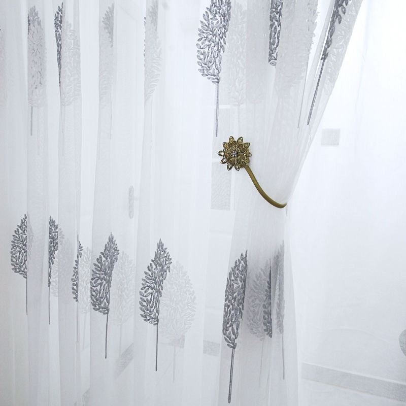 HKM-848019 Double Color Tree Shadow Embroidered Curtain with 4 Rows of Flowers in Gray White, Polyester Material, 280cm Wide