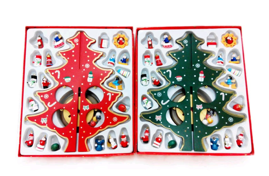 HKM-848083 Wooden Christmas Tree Desktop Decoration - Hand-Painted Red and Green Christmas Decor in Large, Medium, and Small Sizes