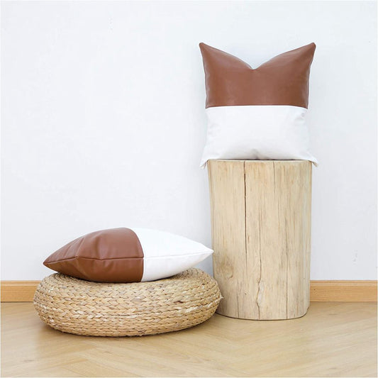 HKM-848275 Simple Solid Color PU Leather Striped Patchwork Cushion Cover - 45x45cm