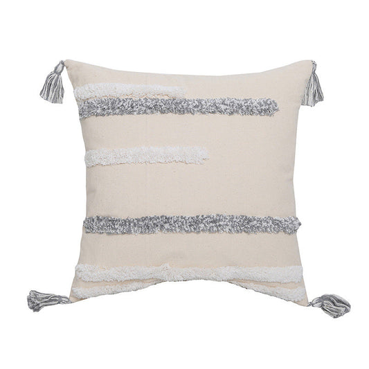 HKM-848851 Hand-Embroidered Cotton and Linen Tufted Throw Pillow with Fringed Design - 45x45cm and 30x50cm Options