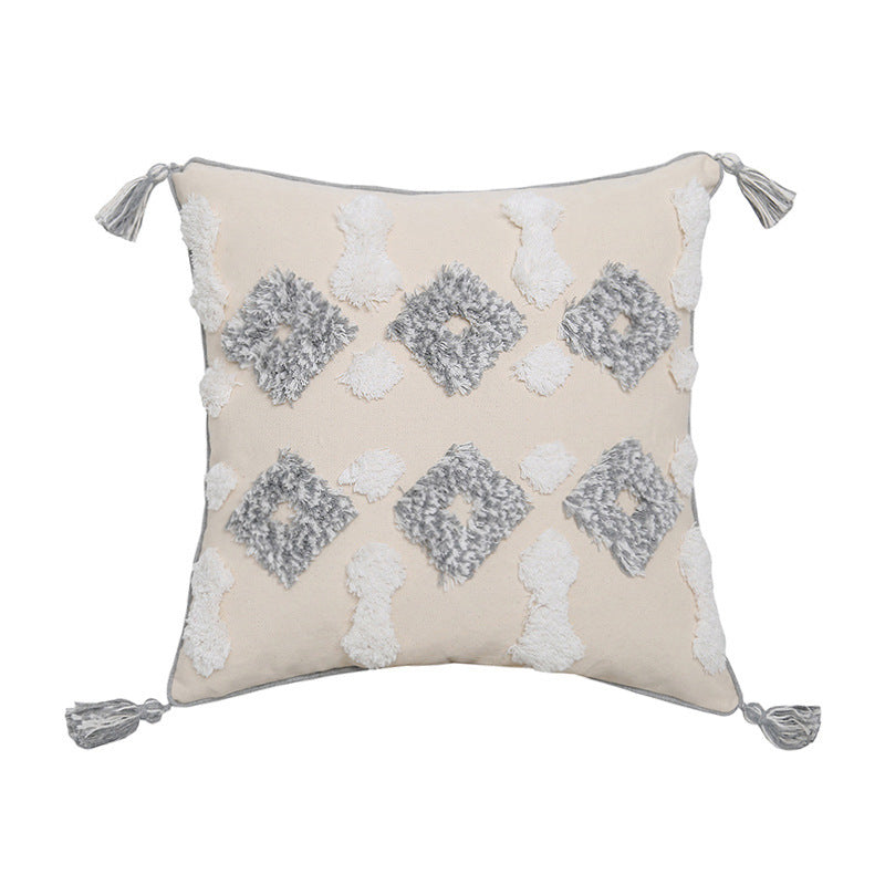 HKM-848851 Hand-Embroidered Cotton and Linen Tufted Throw Pillow with Fringed Design - 45x45cm and 30x50cm Options