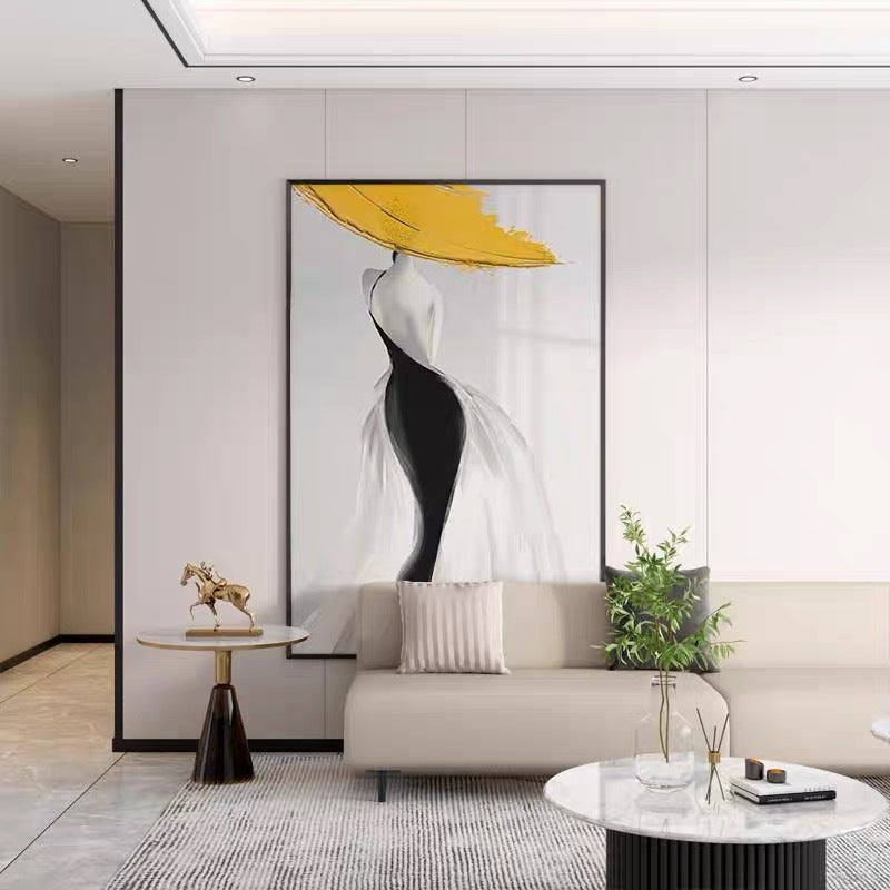 HKM-849555 Handmade Abstract Yellow Canvas Oil Painting – Modern Luxury Wall Art for Living Room Décor
