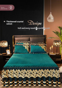 HKM-849619 Lace Quilted Rhinestone Velvet Bed Skirt with Decorative Pillowcase and Duvet Cover Set