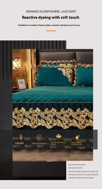 HKM-849619 Lace Quilted Rhinestone Velvet Bed Skirt with Decorative Pillowcase and Duvet Cover Set