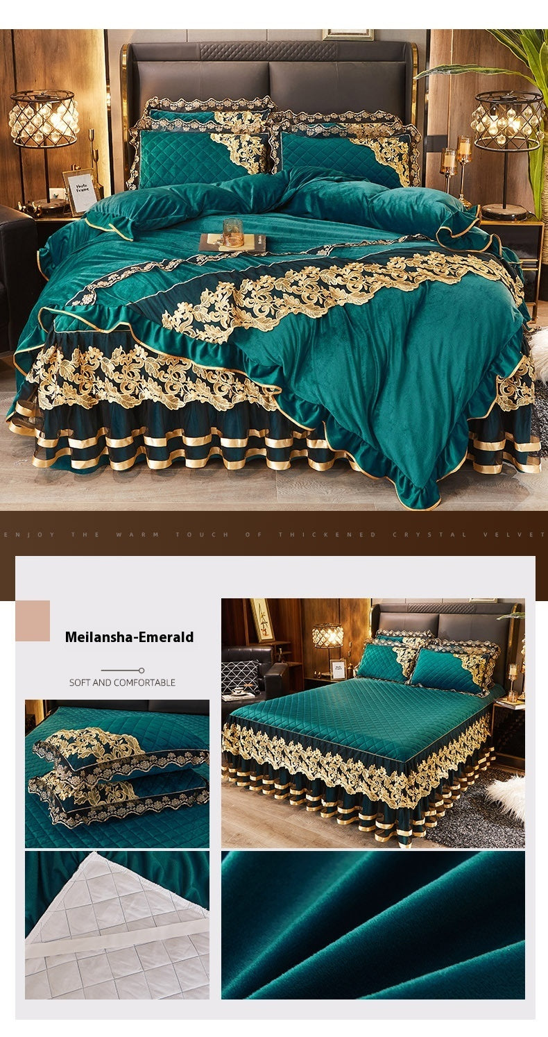 HKM-849619 Lace Quilted Rhinestone Velvet Bed Skirt with Decorative Pillowcase and Duvet Cover Set