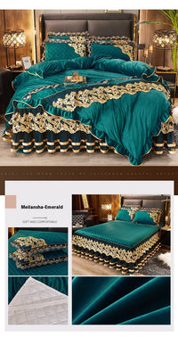 HKM-849619 Lace Quilted Rhinestone Velvet Bed Skirt with Decorative Pillowcase and Duvet Cover Set