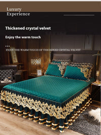 HKM-849619 Lace Quilted Rhinestone Velvet Bed Skirt with Decorative Pillowcase and Duvet Cover Set