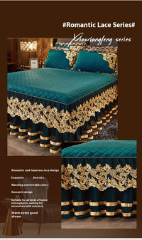 HKM-849619 Lace Quilted Rhinestone Velvet Bed Skirt with Decorative Pillowcase and Duvet Cover Set