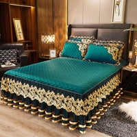 HKM-849619 Lace Quilted Rhinestone Velvet Bed Skirt with Decorative Pillowcase and Duvet Cover Set