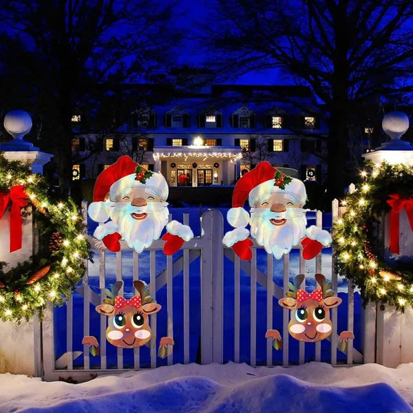 HKM-849747 Santa Claus and Reindeer Fence Yard Signs for Holiday Garden Decor 30.88x25cm
