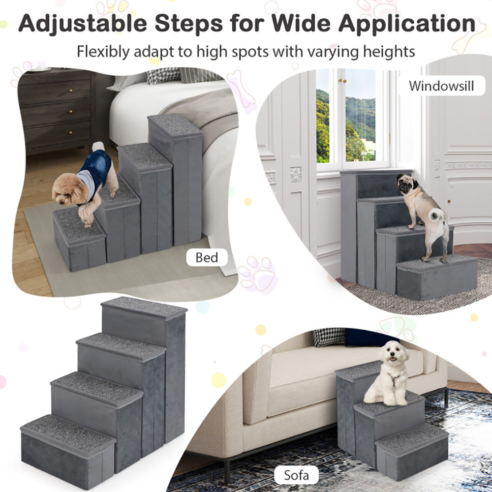 HKM-850131 Foldable Non-Slip Dog Stairs with Adjustable Steps and Storage Compartment - Gray