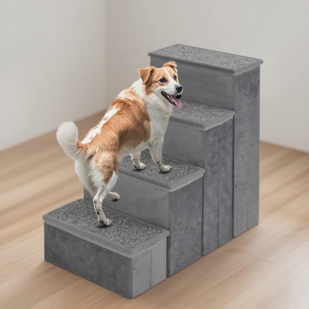 HKM-850131 Foldable Non-Slip Dog Stairs with Adjustable Steps and Storage Compartment - Gray