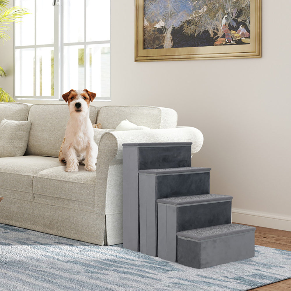 HKM-850131 Foldable Non-Slip Dog Stairs with Adjustable Steps and Storage Compartment - Gray
