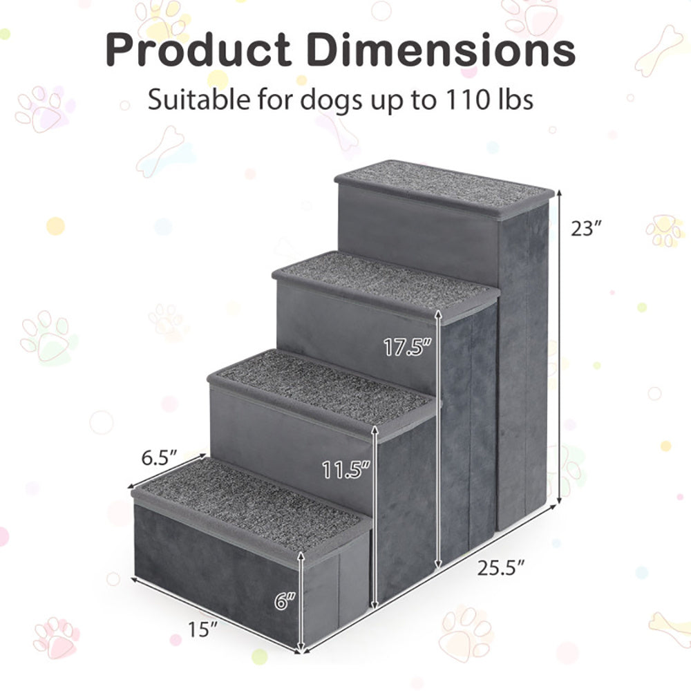 HKM-850131 Foldable Non-Slip Dog Stairs with Adjustable Steps and Storage Compartment - Gray