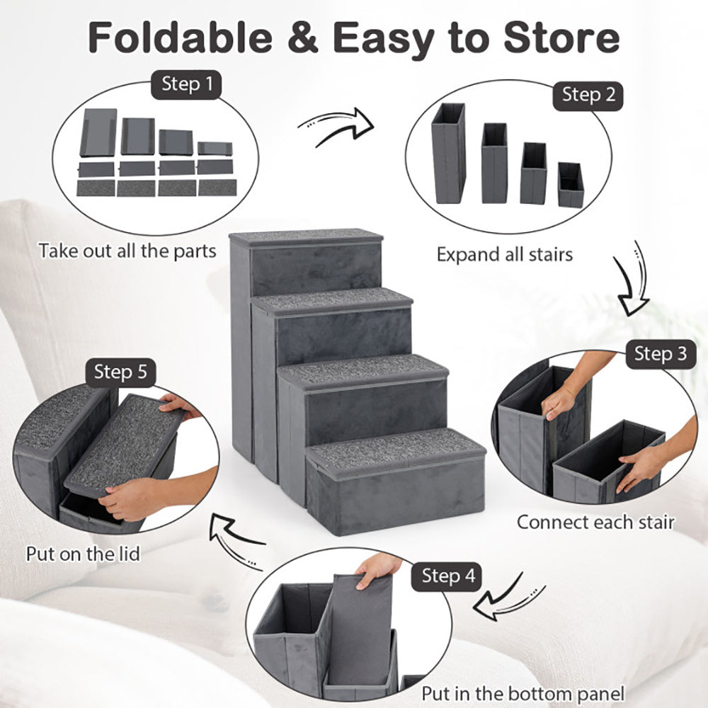 HKM-850131 Foldable Non-Slip Dog Stairs with Adjustable Steps and Storage Compartment - Gray