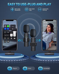 HKM-850323 Rechargeable Wireless Lavalier Microphone for iPhone 15 & 16, Easy Setup, Noise Reduction, Clip-On, Long Range Audio Recording