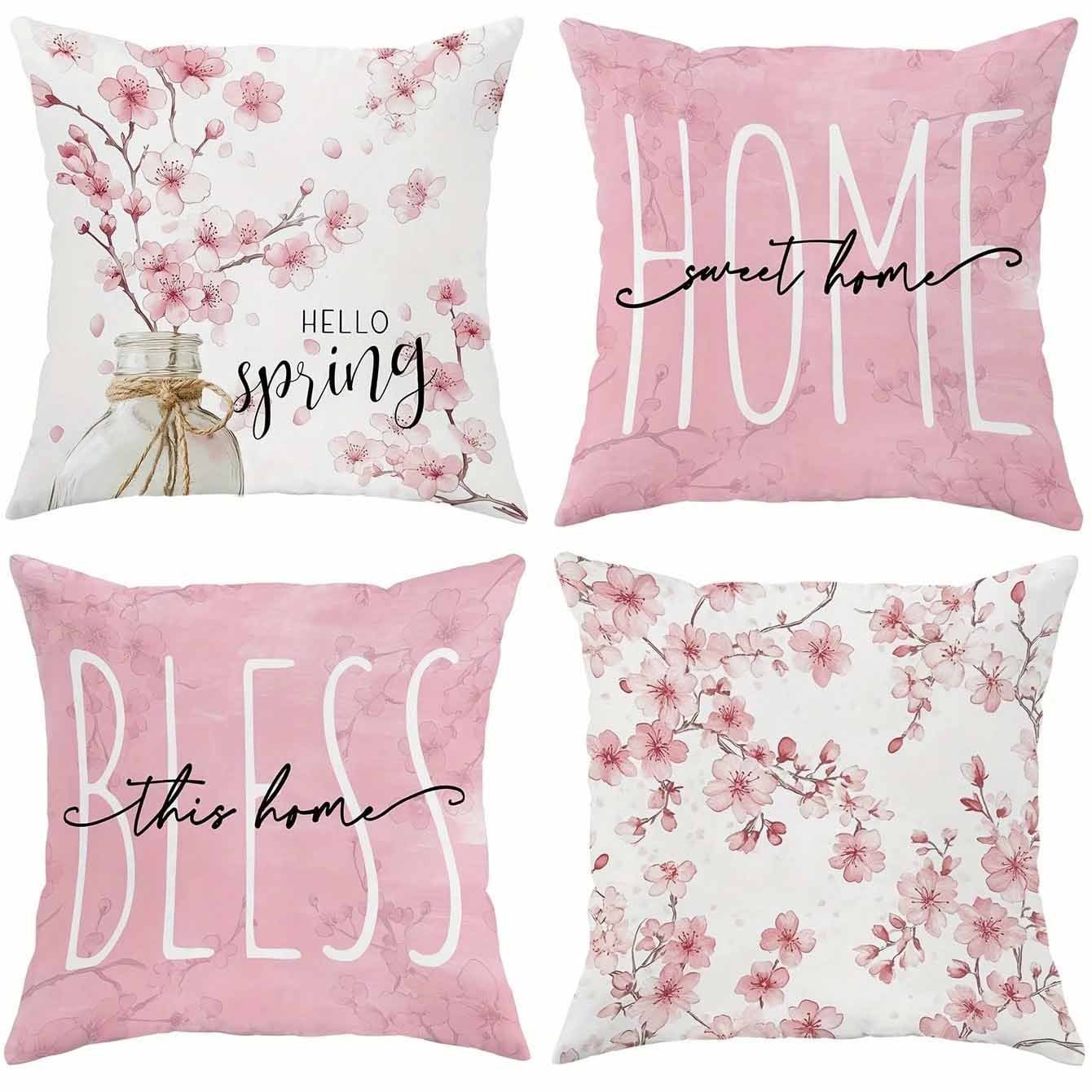 HKM-850515 Cherry Blossom Design Short Velvet Cushion Cover, 45x45cm, Stylish Home Decor