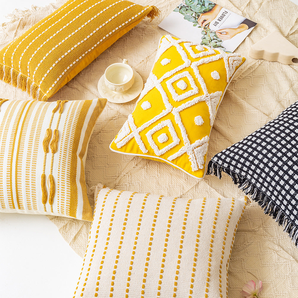 HKM-850579 Minimalist Retro Striped Pillow Cover with Geometric Patterns in Various Colors
