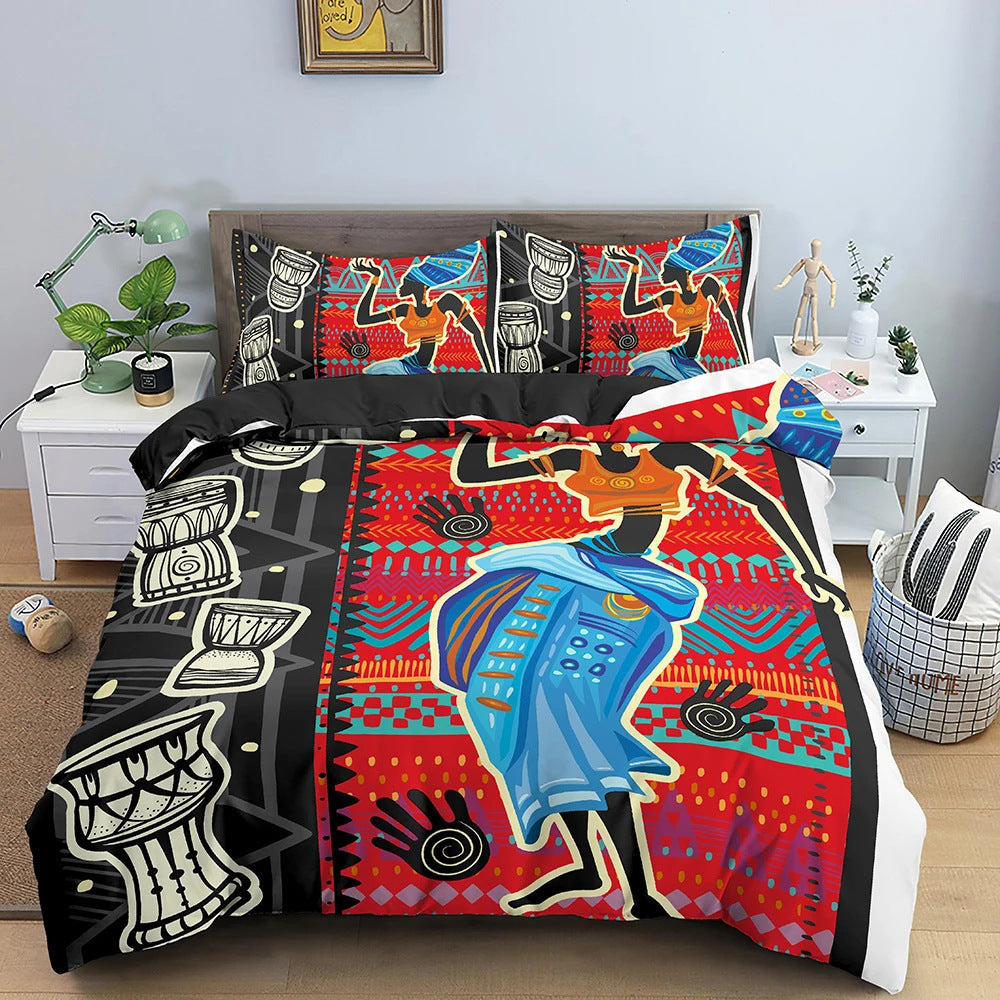 HKM-850771 African-Inspired Digital Print Three-Piece Bedding Set with Duvet Cover and Pillowcases