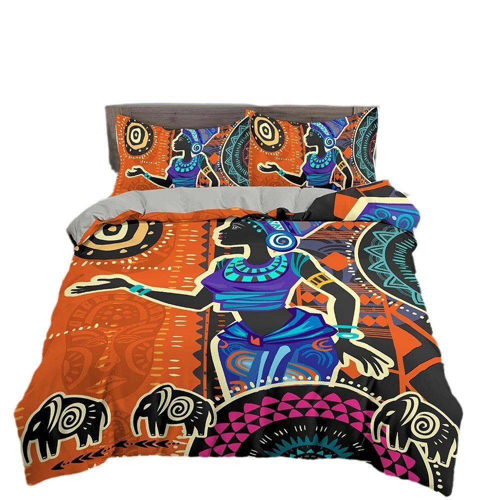 HKM-850771 African-Inspired Digital Print Three-Piece Bedding Set with Duvet Cover and Pillowcases