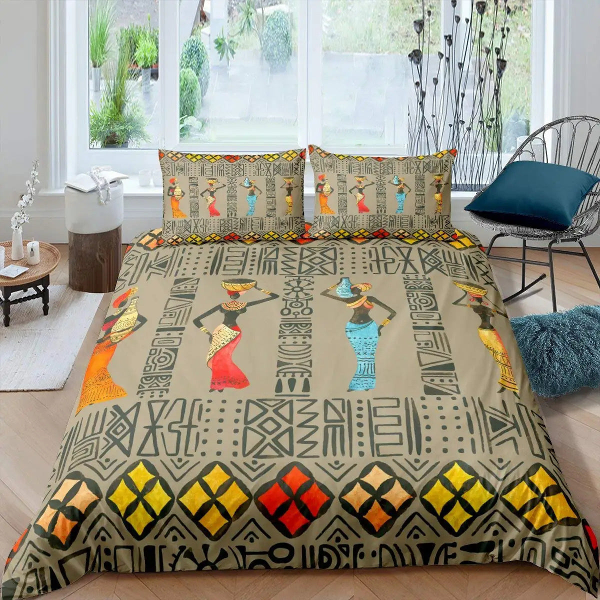 HKM-850771 African-Inspired Digital Print Three-Piece Bedding Set with Duvet Cover and Pillowcases