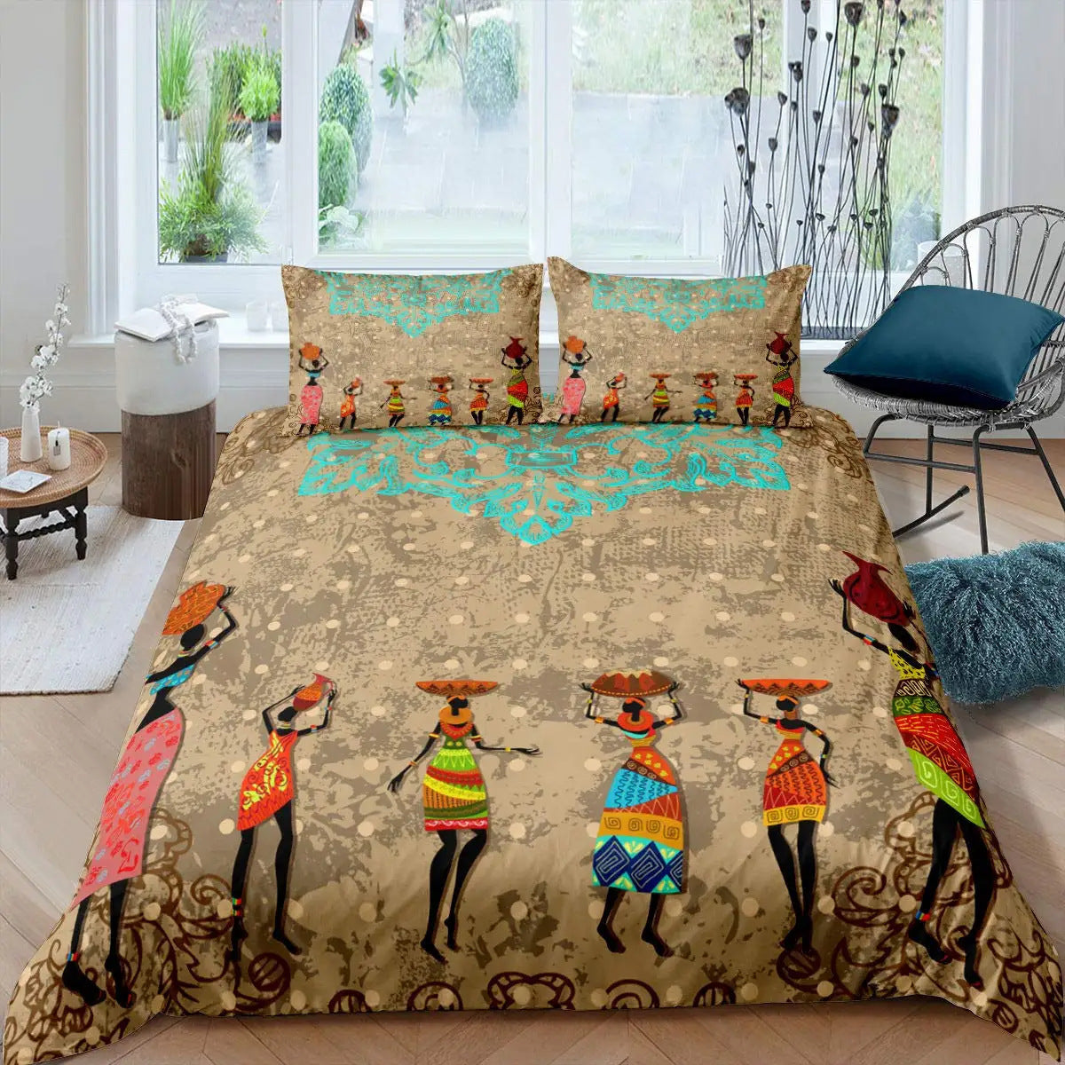 HKM-850771 African-Inspired Digital Print Three-Piece Bedding Set with Duvet Cover and Pillowcases